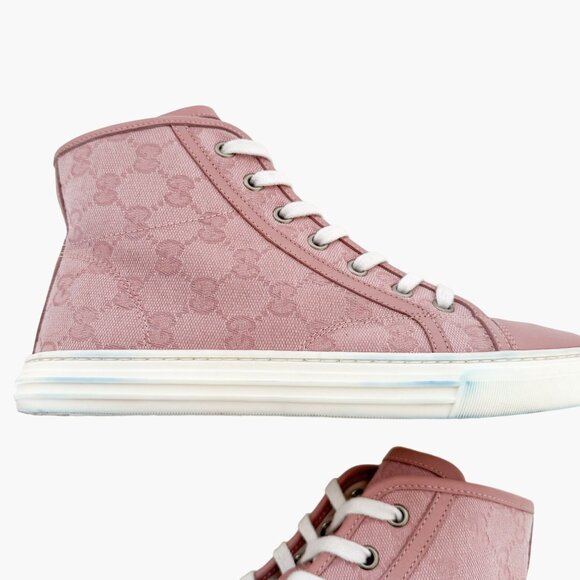 Gucci Rebel High Top GG Sneakers EU 37 US 7 Pink Monogram Canvas Lace Up Cap Toe - Picture 11 of 13
